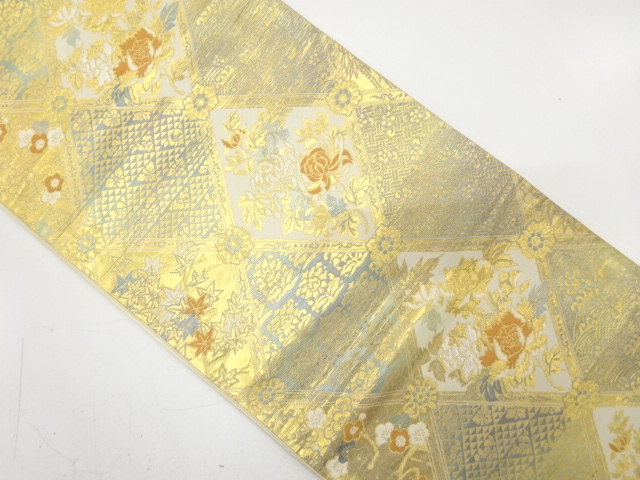 JAPANESE KIMONO / ANTIQUE FUKURO OBI / SILK / WOVEN GRID & ROUGH WAVE & TRIANGLES & FLOWERS